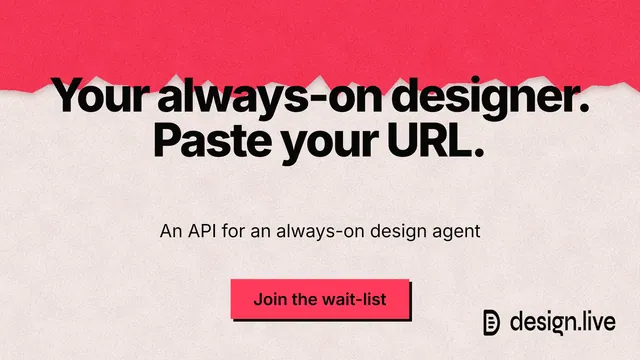 Landscape graphic for design.live: "Your always-on designer. Paste your URL." Paper trio style, centred layout, light palette in red, orange.