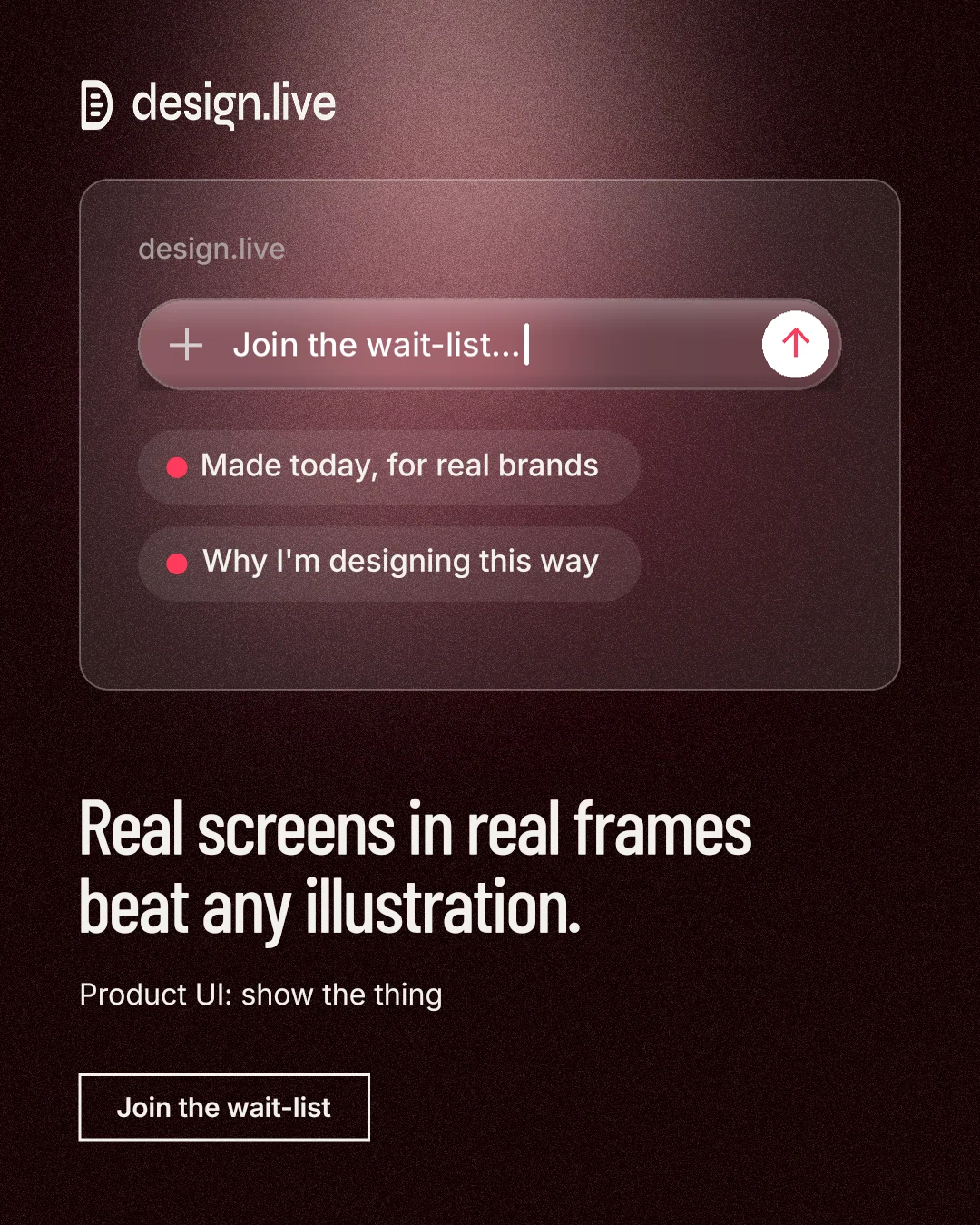 Instagram portrait post for design.live: "Real screens in real frames beat any illustration." Dark deco style, bottom layout, dark palette in black, red, grey.