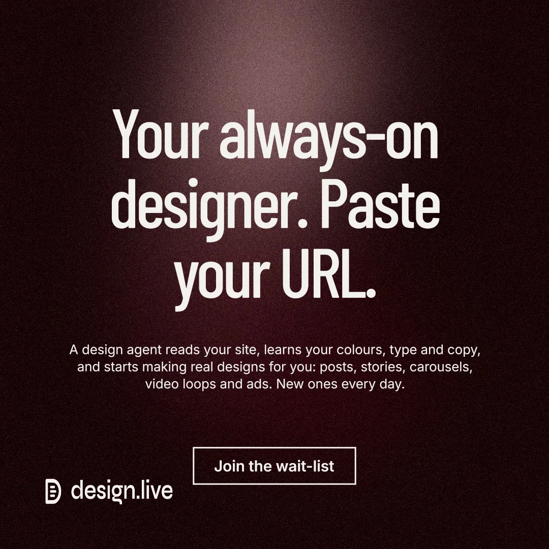 Instagram post for design.live: "Your always-on designer. Paste your URL." Dark deco style, centred layout, dark palette in black, red, grey.