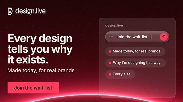 Landscape graphic for design.live: "Every design tells you why it exists." Swiss style, bottom layout, dark palette in red, black.