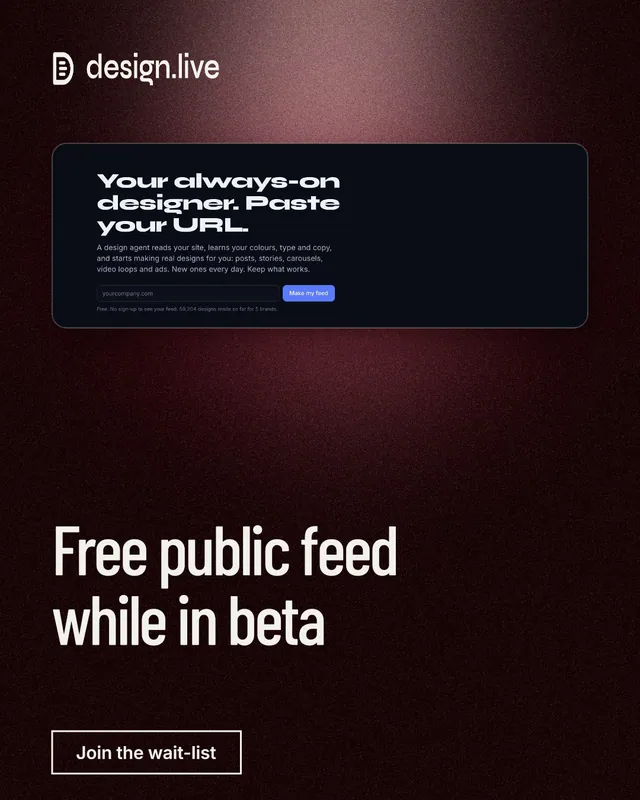 Instagram portrait post for design.live: "Free public feed while in beta". Dark deco style, bottom layout, dark palette in black, grey.