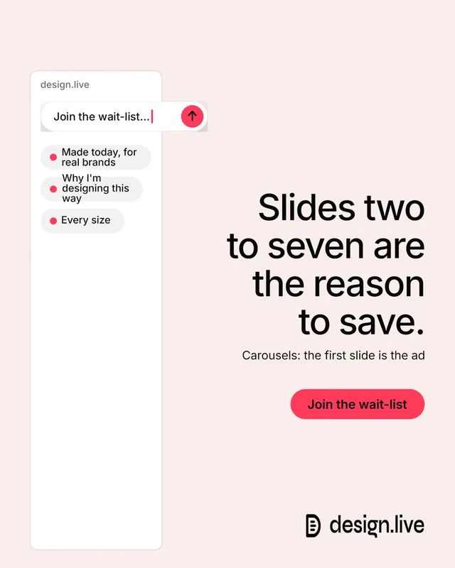 Instagram portrait post for design.live: "Slides two to seven are the reason to save." Data card style, right layout, light palette in white, red.