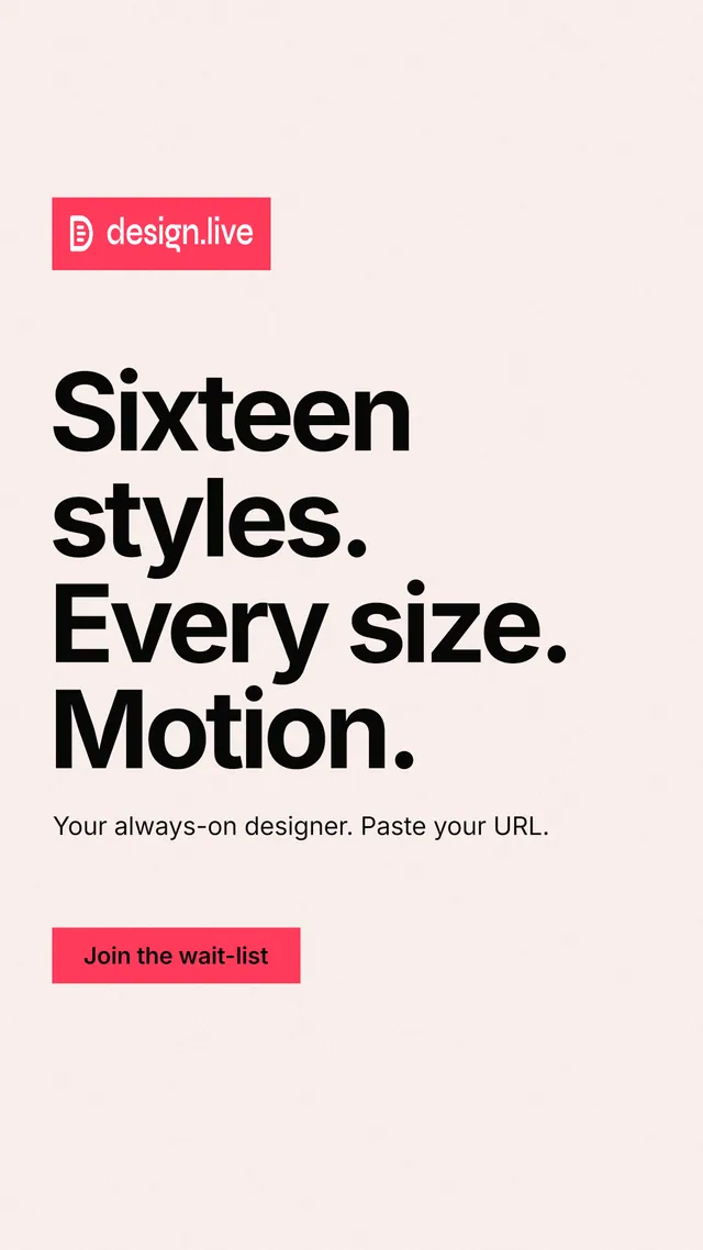 Instagram story for design.live: "Sixteen styles. Every size. Motion." Swiss style, announce layout, light palette in white, red.