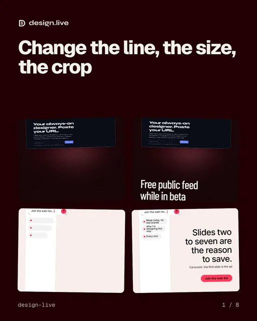 Carousel for design.live: "Change the line, the size, the crop". Collection carousel, 8 slides, dark palette.
