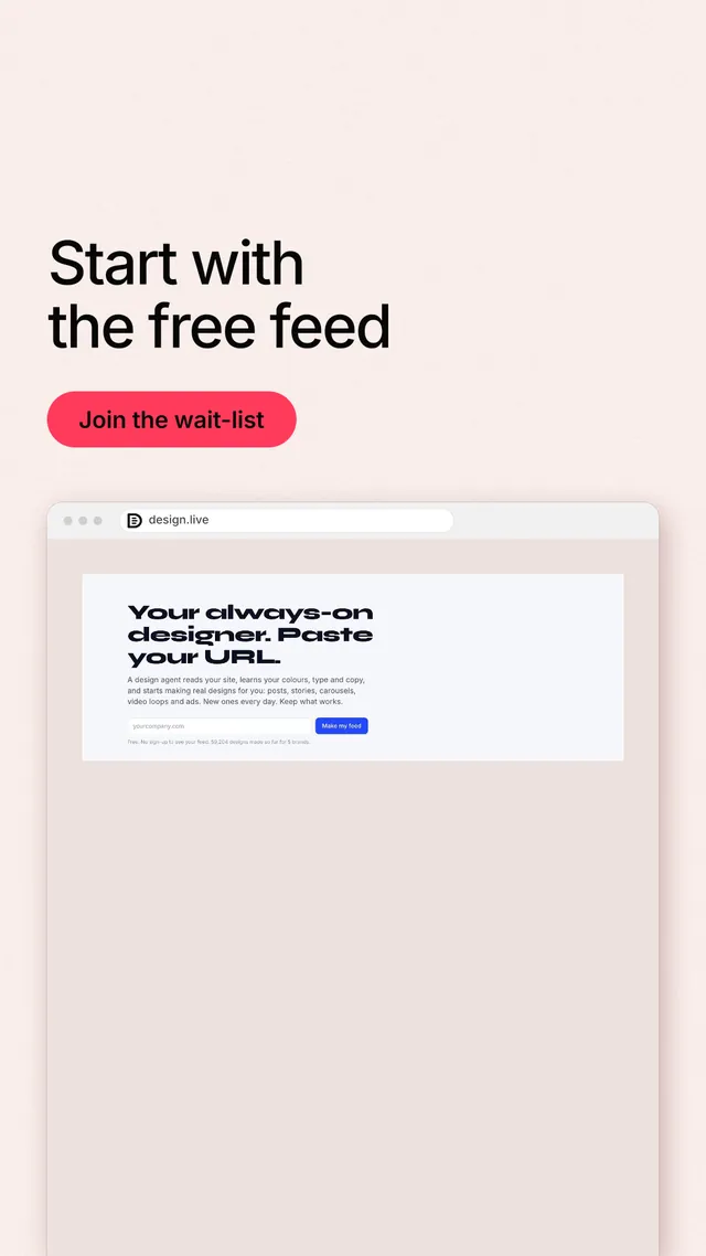 Instagram story for design.live: "Start with the free feed". Data card style, browser layout, light palette in red, white.