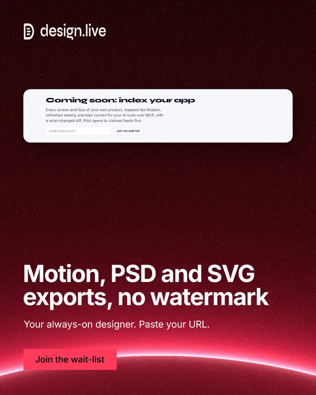 Instagram portrait post for design.live: "Motion, PSD and SVG exports, no watermark". Swiss style, bottom layout, dark palette in red, black, white.