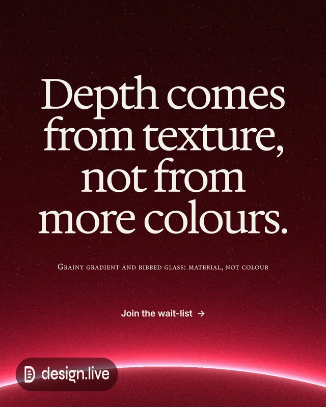 Instagram portrait post for design.live: "Depth comes from texture, not from more colours." Swiss style, smallcaps layout, dark palette in black, red.