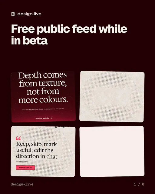 Carousel for design.live: "Free public feed while in beta". Collection carousel, 8 slides, dark palette.