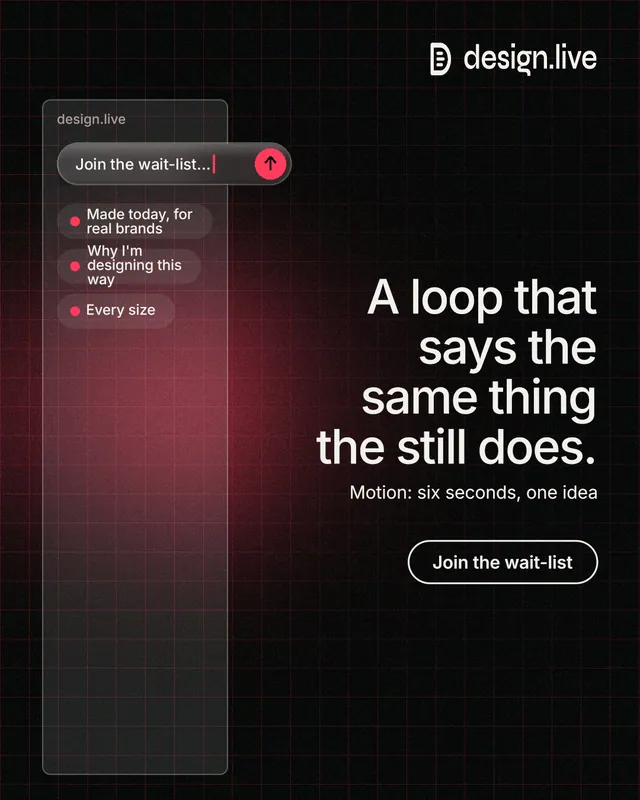 Instagram portrait post for design.live: "A loop that says the same thing the still does." Phosphor atlas style, right layout, dark palette in red, black, grey.