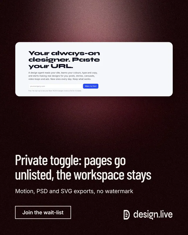 Instagram portrait post for design.live: "Private toggle: pages go unlisted, the workspace stays". Dark deco style, bottom layout, dark palette in black, white, red.