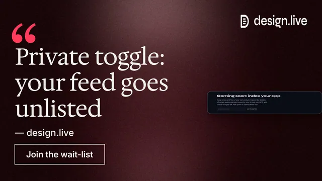 Landscape graphic for design.live: "Private toggle: your feed goes unlisted". Dark deco style, quote layout, dark palette in black, red, grey.
