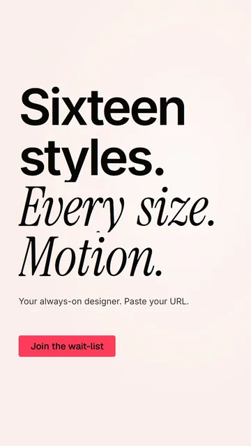 Video for design.live: "Sixteen styles. Every size. Motion.". Doc motion loop, 8.0 s, light palette.