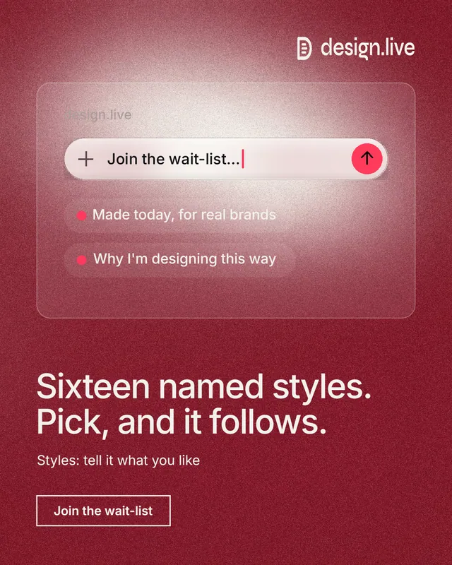 Instagram portrait post for design.live: "Sixteen named styles. Pick, and it follows." Cyanotype style, bottom layout, dark palette in red.