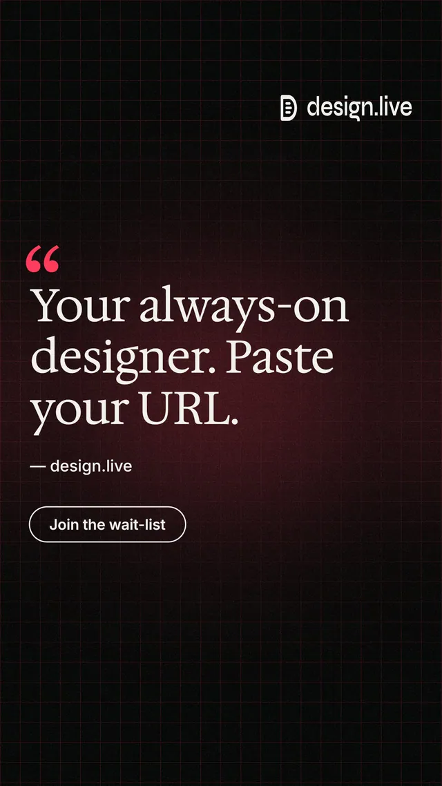 Instagram story for design.live: "Your always-on designer. Paste your URL." Phosphor atlas style, quote layout, dark palette in black, grey.