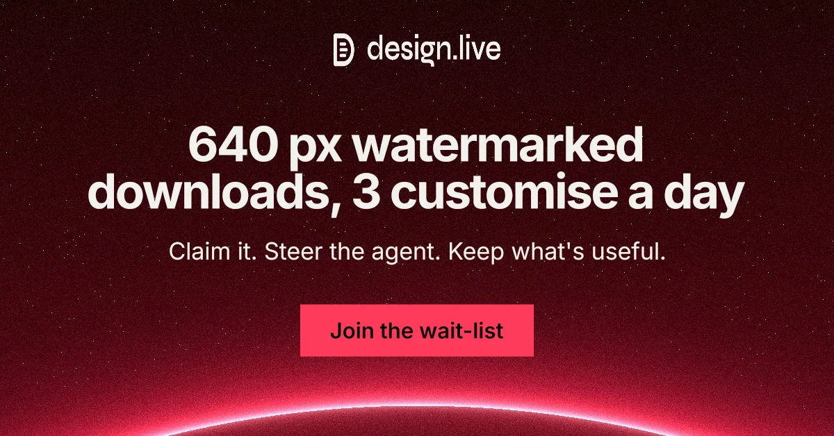 Social ad for design.live: "640 px watermarked downloads, 3 customise a day". Swiss style, centred layout, dark palette in black, red.