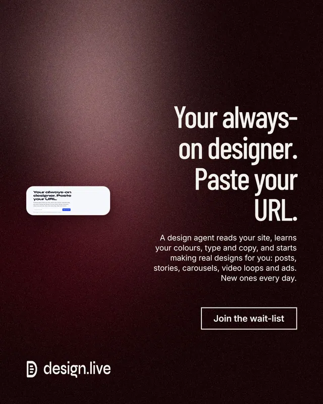 Instagram portrait post for design.live: "Your always-on designer. Paste your URL." Dark deco style, right layout, dark palette in black, red, grey.