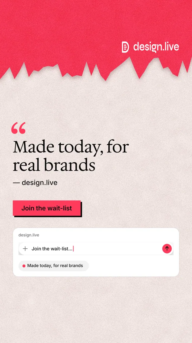 Instagram story for design.live: "Made today, for real brands". Paper trio style, quote layout, light palette in orange, red, white.