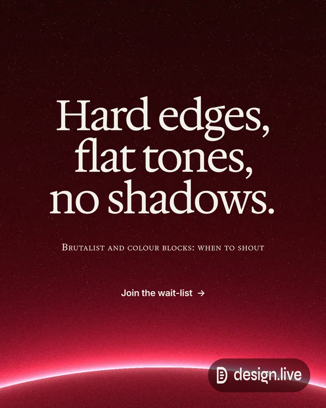 Instagram portrait post for design.live: "Hard edges, flat tones, no shadows." Swiss style, smallcaps layout, dark palette in red, black.
