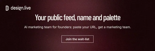 X header for design.live: "Your public feed, name and palette". Dark deco style, centred layout, dark palette in red, black.