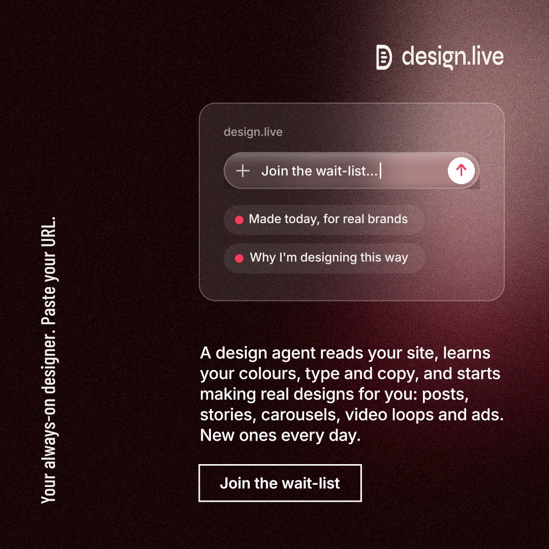 Instagram post for design.live: "Your always-on designer. Paste your URL." Dark deco style, vertical layout, dark palette in black, grey, red.