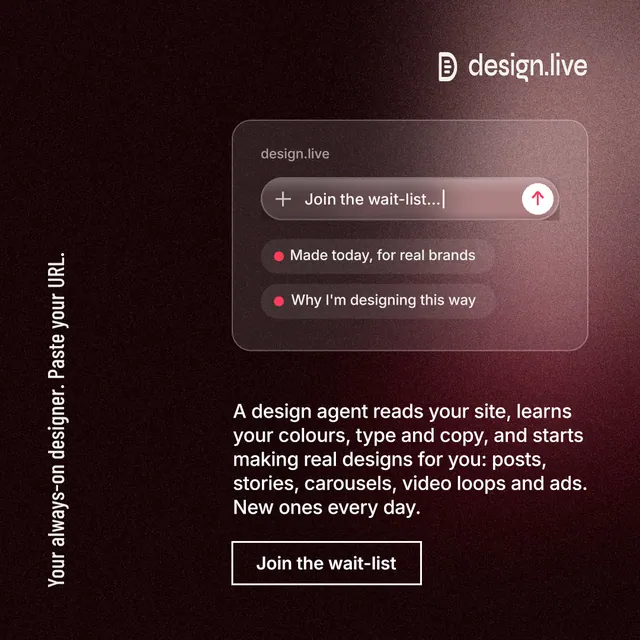Instagram post for design.live: "Your always-on designer. Paste your URL." Dark deco style, vertical layout, dark palette in black, grey, red.