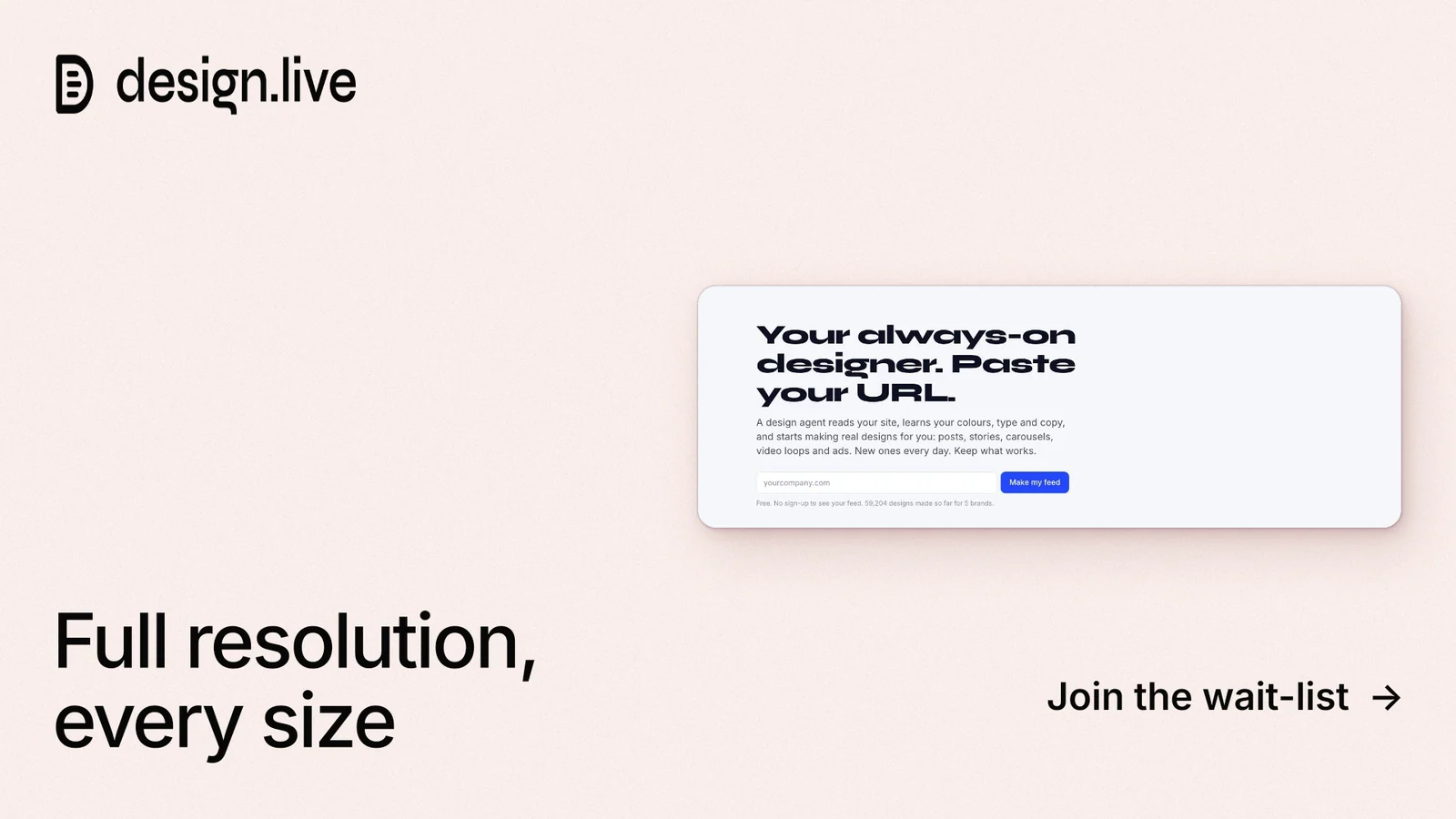 Landscape graphic for design.live: "Full resolution, every size". Data card style, image led layout, light palette in white.