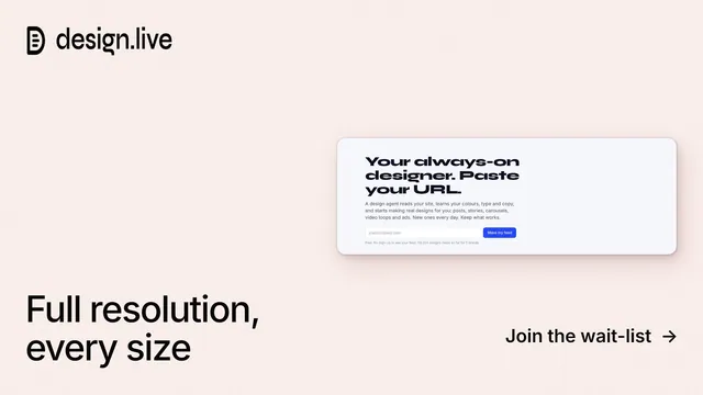 Landscape graphic for design.live: "Full resolution, every size". Data card style, image led layout, light palette in white.