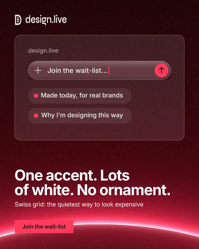 Instagram portrait post for design.live: "One accent. Lots of white. No ornament." Swiss style, bottom layout, dark palette in red, black.