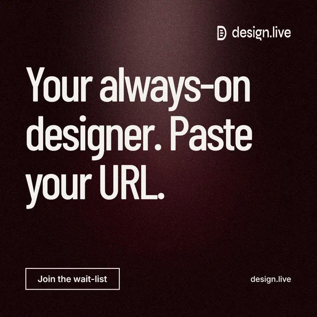 Instagram post for design.live: "Your always-on designer. Paste your URL." Dark deco style, poster layout, dark palette in black, red, grey.