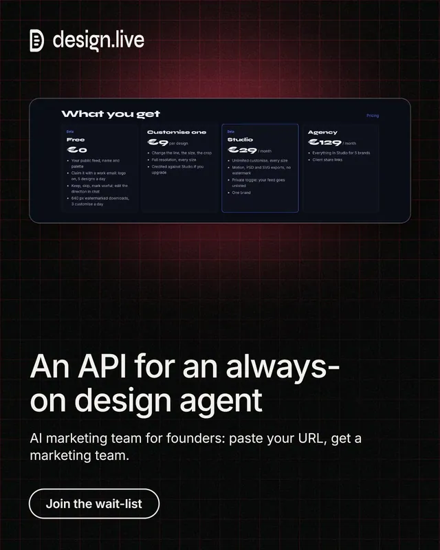 Instagram portrait post for design.live: "An API for an always-on design agent". Phosphor atlas style, bottom layout, dark palette in black.