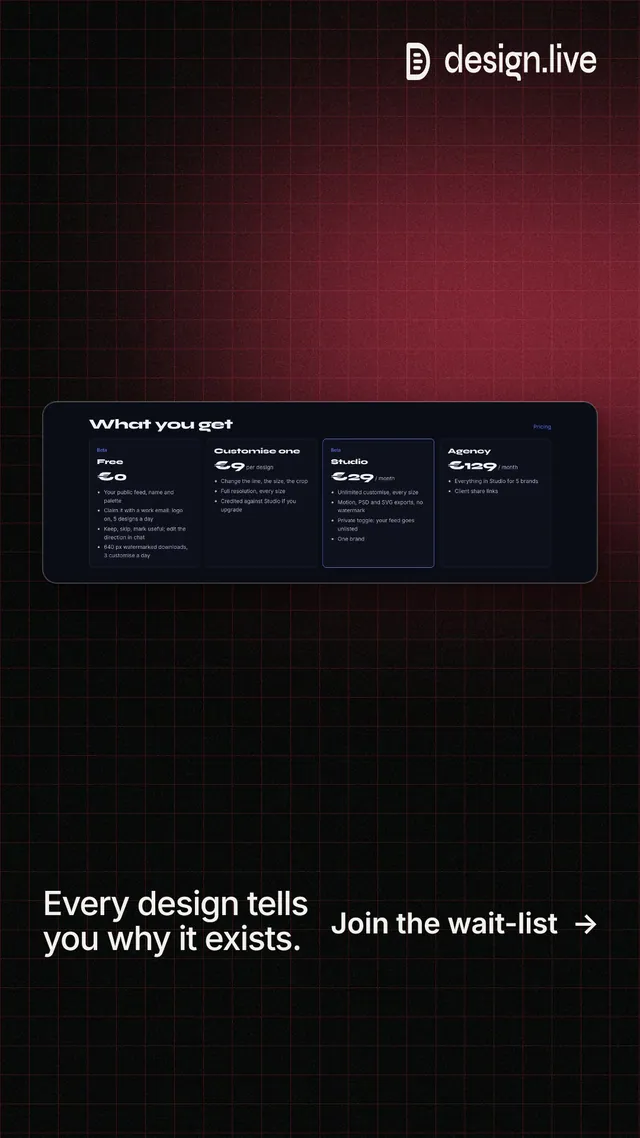 Instagram story for design.live: "Every design tells you why it exists." Phosphor atlas style, image led layout, dark palette in black, red.