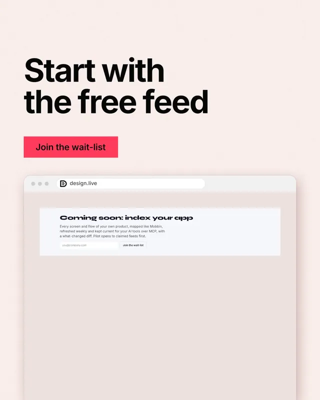 Instagram portrait post for design.live: "Start with the free feed". Swiss style, browser layout, light palette in orange, white, red.