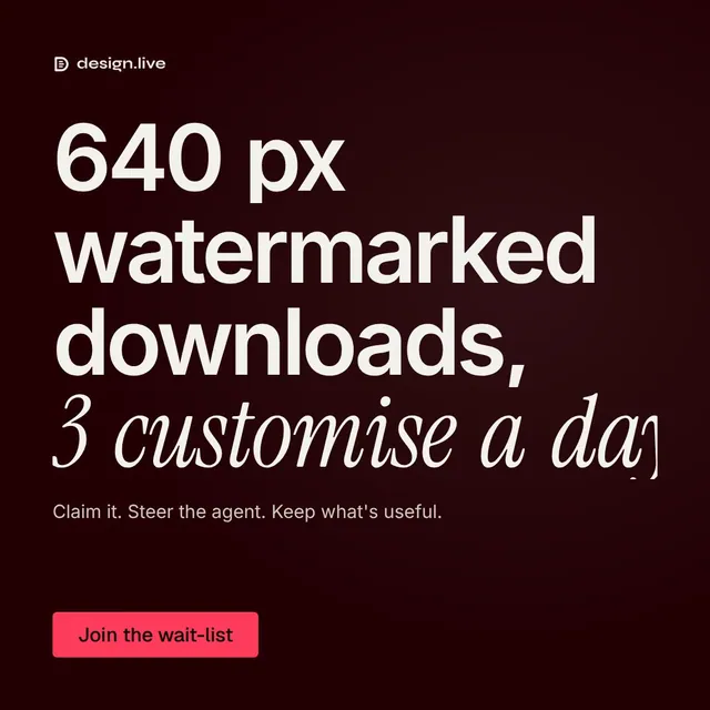 Video for design.live: "640 px watermarked downloads, 3 customise a day". Kinetic type grid, 8.0 s, dark palette.
