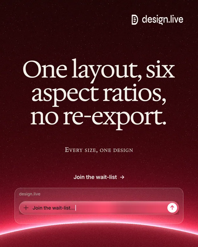 Instagram portrait post for design.live: "One layout, six aspect ratios, no re-export." Swiss style, smallcaps layout, dark palette in black, red.