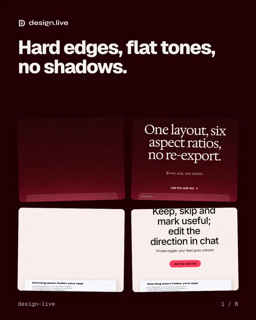 Carousel for design.live: "Hard edges, flat tones, no shadows.". Collection carousel, 8 slides, dark palette.