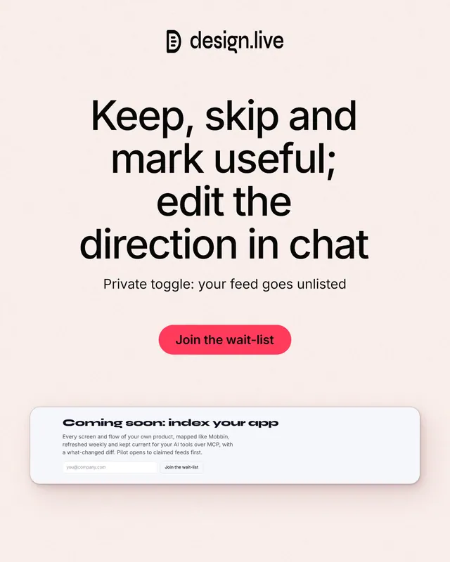 Instagram portrait post for design.live: "Keep, skip and mark useful; edit the direction in chat". Data card style, centred layout, light palette in white, grey.