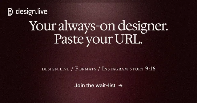 Social ad for design.live: "Your always-on designer. Paste your URL." Dark deco style, smallcaps layout, dark palette in red, black, grey.