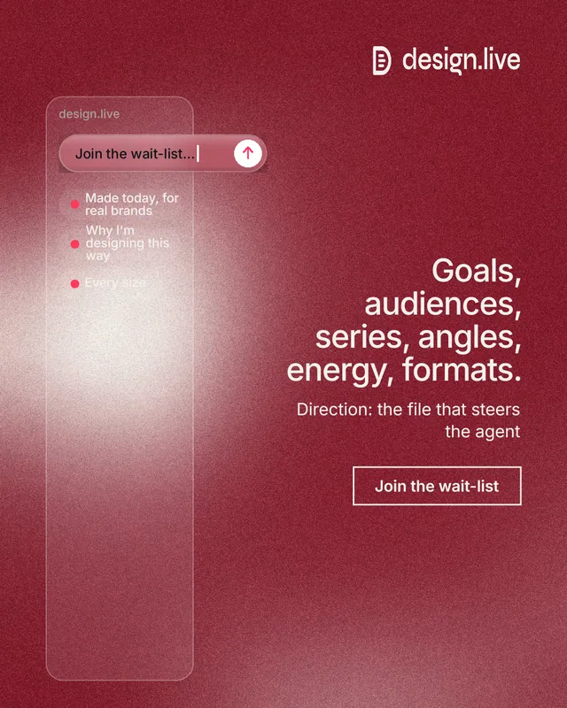 Instagram portrait post for design.live: "Goals, audiences, series, angles, energy, formats." Cyanotype style, right layout, dark palette in red.