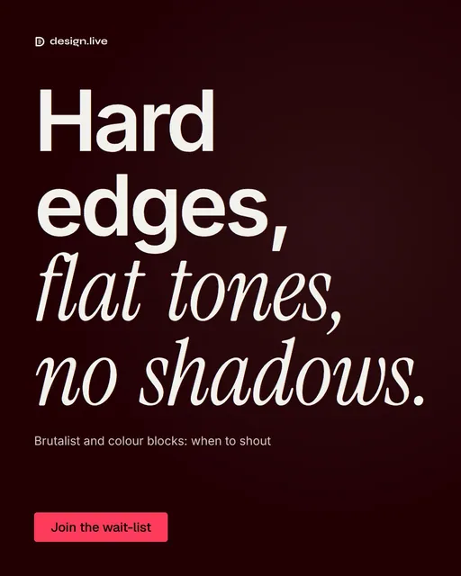 Video for design.live: "Hard edges, flat tones, no shadows.". Doc motion loop, 6.0 s, dark palette.
