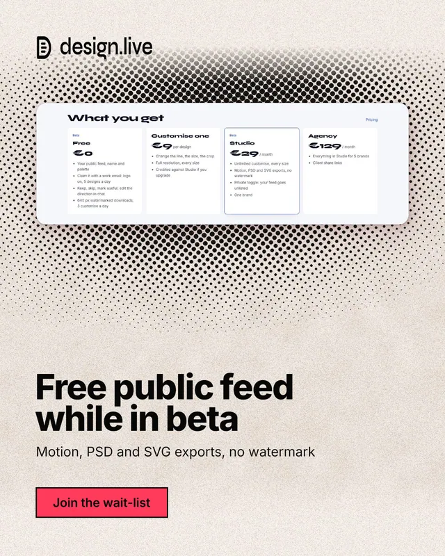 Instagram portrait post for design.live: "Free public feed while in beta". Ink sticker style, bottom layout, light palette in orange, grey, white.
