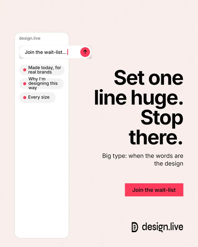 Instagram portrait post for design.live: "Set one line huge. Stop there." Swiss style, right layout, light palette in white, red.