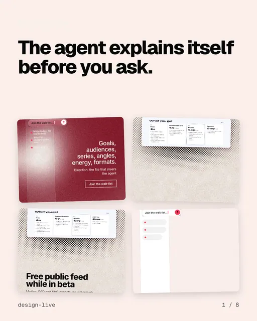 Carousel for design.live: "The agent explains itself before you ask.". Collection carousel, 8 slides, light palette.