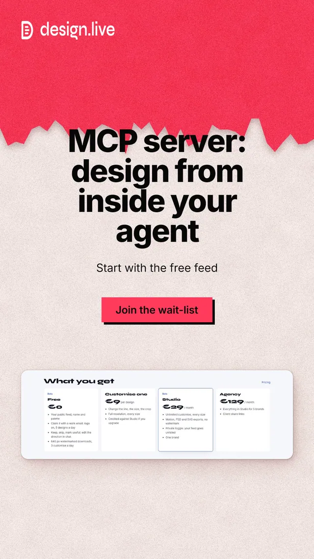 Instagram story for design.live: "MCP server: design from inside your agent". Paper trio style, centred layout, light palette in orange, red, white.