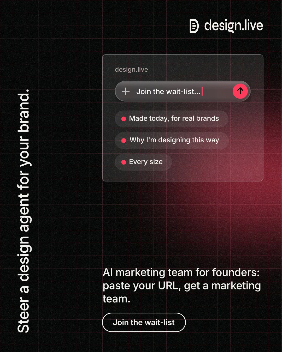 Instagram portrait post for design.live: "Steer a design agent for your brand." Phosphor atlas style, vertical layout, dark palette in black, grey, red.