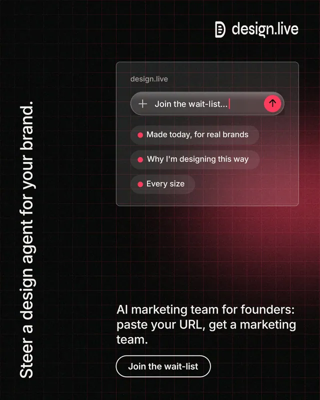 Instagram portrait post for design.live: "Steer a design agent for your brand." Phosphor atlas style, vertical layout, dark palette in black, grey, red.