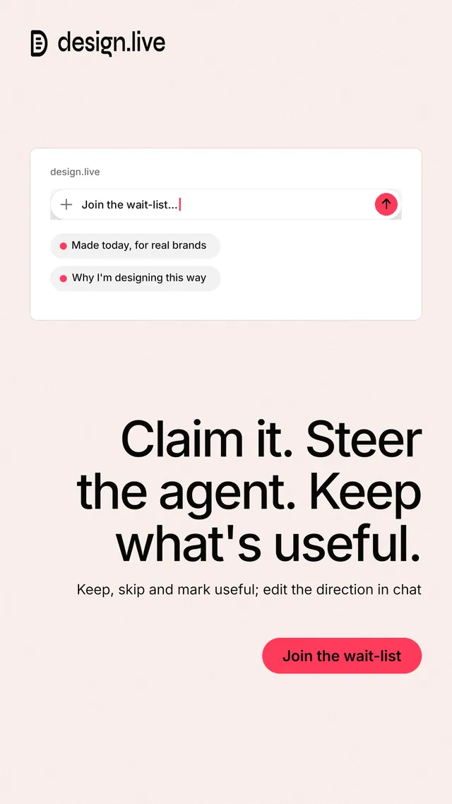 Instagram story for design.live: "Claim it. Steer the agent. Keep what's useful." Data card style, right layout, light palette in white, red.