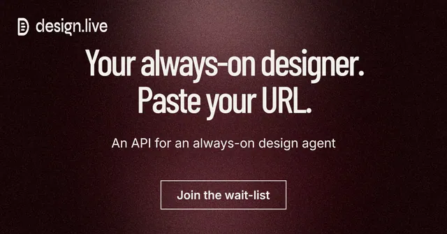 Social ad for design.live: "Your always-on designer. Paste your URL." Dark deco style, centred layout, dark palette in black, red, grey.