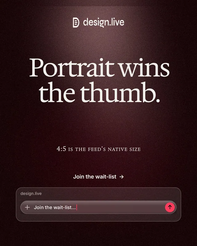 Instagram portrait post for design.live: "Portrait wins the thumb." Dark deco style, smallcaps layout, dark palette in red, black, grey.