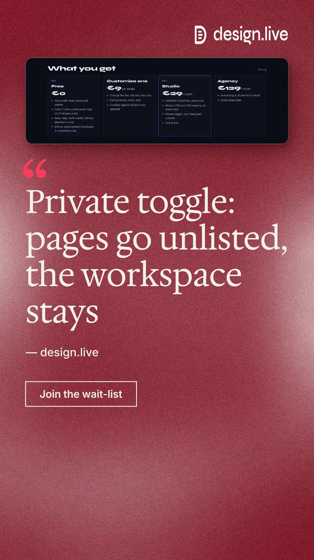Instagram story for design.live: "Private toggle: pages go unlisted, the workspace stays". Cyanotype style, quote layout, dark palette in red.