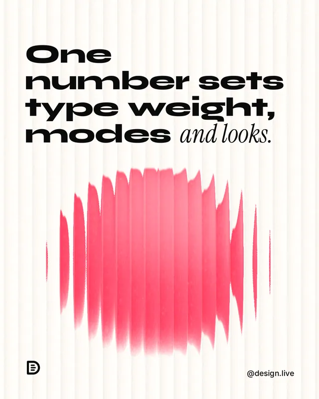 Instagram portrait post for design.live: "One number sets type weight, modes and looks." Auto 4x5 style, technique:shader field layout, light palette in white, red.